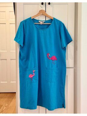 Vintage 90s 00s Flamingo Swim Cover Up Size Large Casual Dress Turquoise Pink